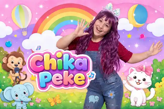 Chika Peke, la personaje oficial de PekeKids, junto a su logo y sus amigos animales